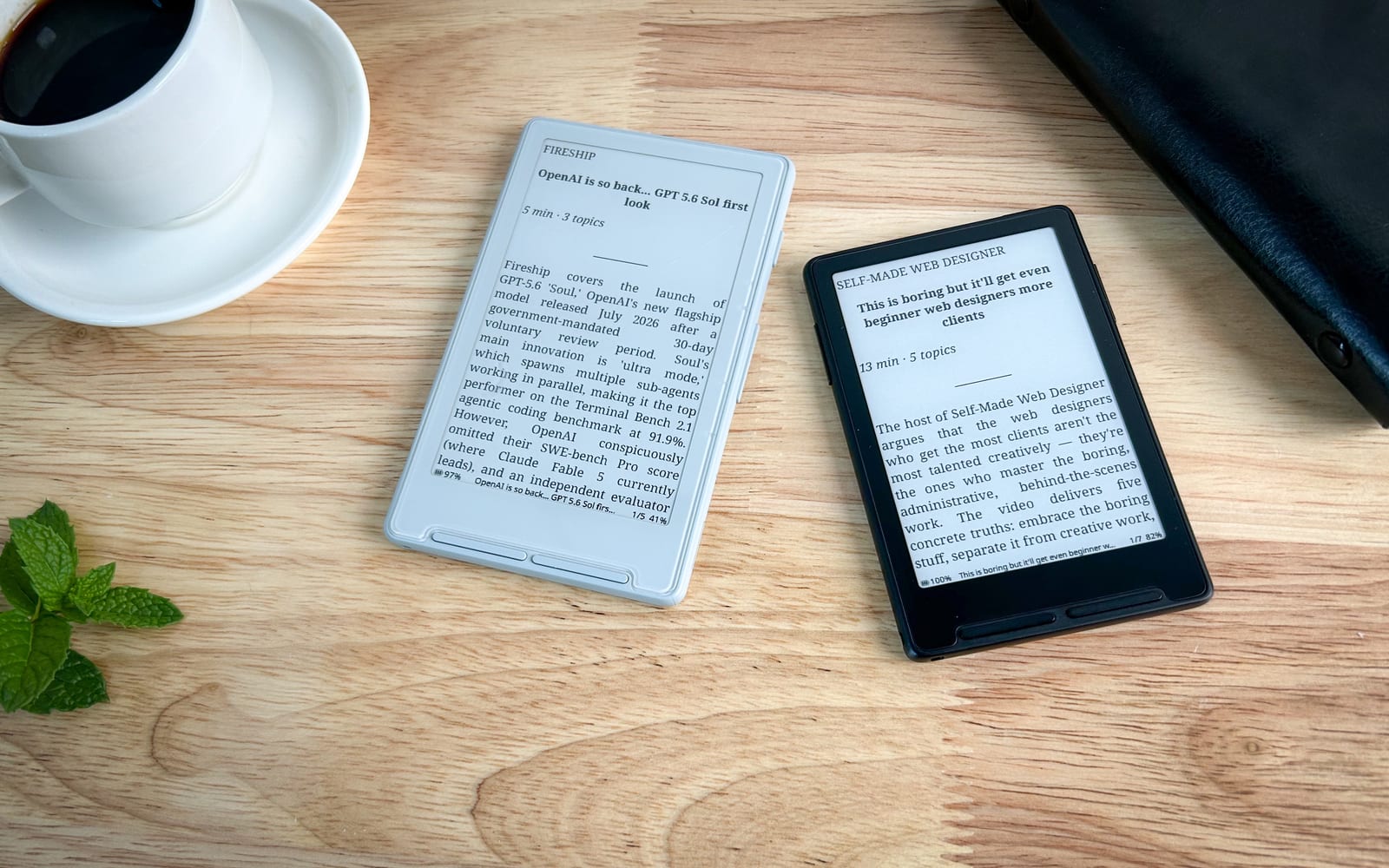 A Headwater Edition reader on a butcher block, showing the day's digest
